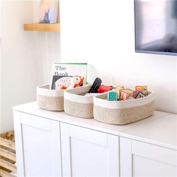 Cotton Rope Storage Baskets Set of 3 Small Woven Organizer Bins for Shelves - Picture 2 of 7